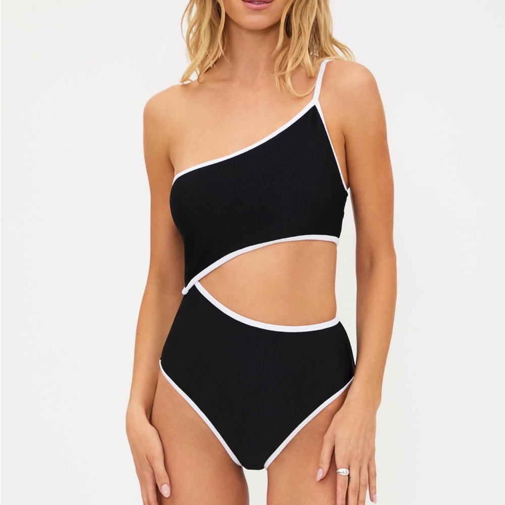 Beach Riot Liora One-Shoulder Cutout Swimsuit – Black/White, Medium, Worn Once